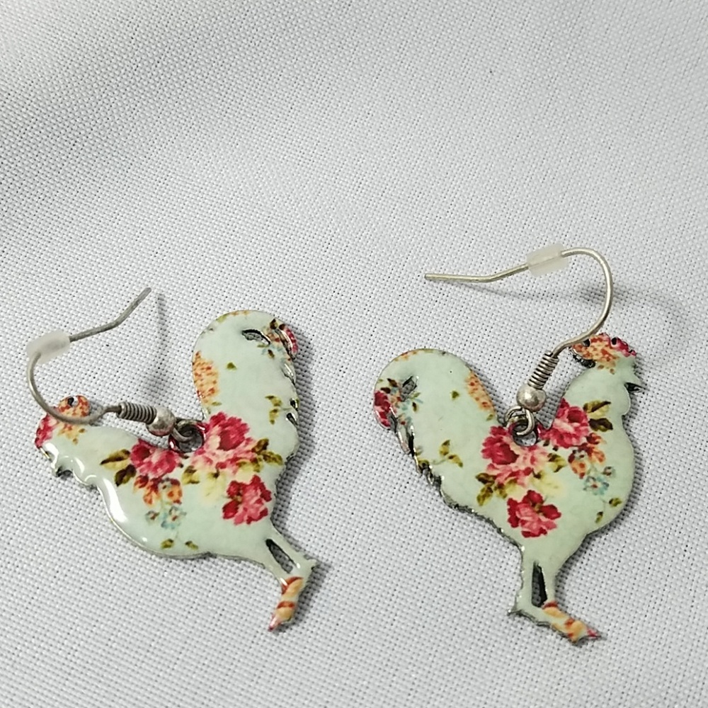 Floral Print Rooster Earrings